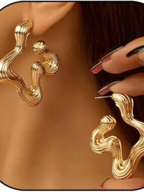 NEW Liquid Water Stud Earrings Drippy Gold Irregular Geometric Statement Classy